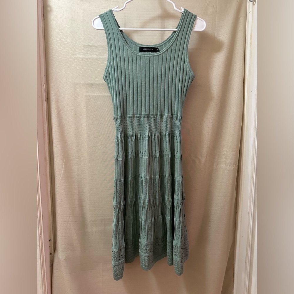 MEROKEETY Sage Green Knit Tank Dress Textured Fit & Flare Size M